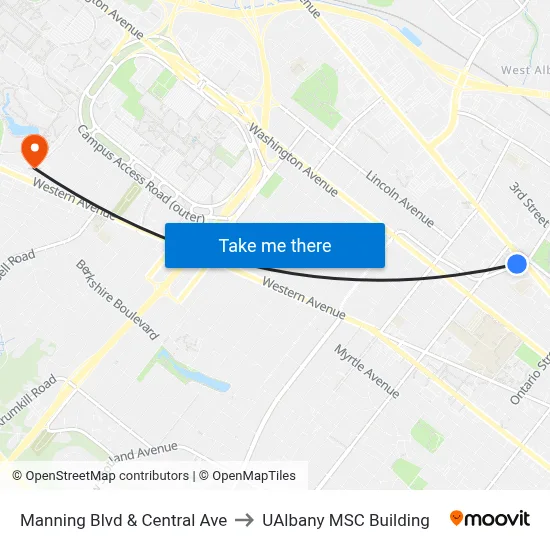 Manning Blvd & Central Ave to UAlbany MSC Building map