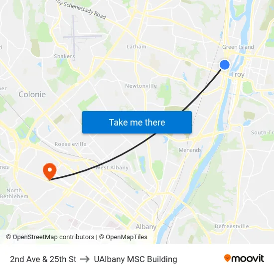 2nd Ave & 25th St to UAlbany MSC Building map