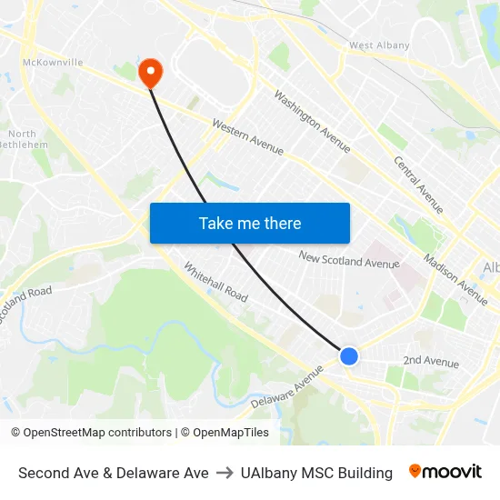 Second Ave & Delaware Ave to UAlbany MSC Building map