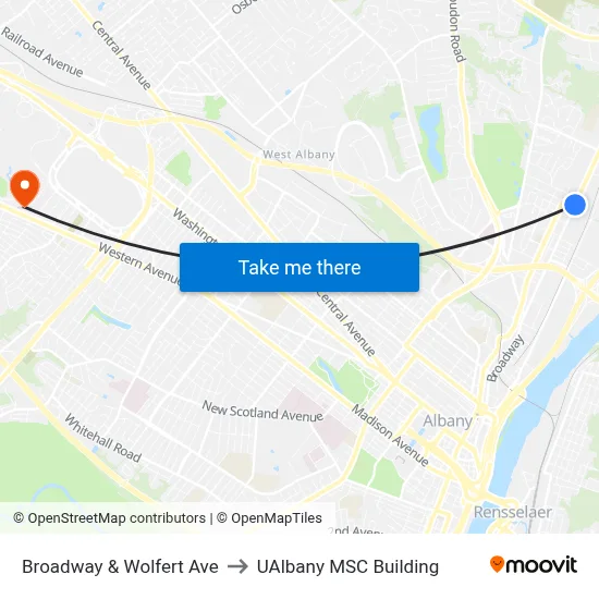 Broadway & Wolfert Ave to UAlbany MSC Building map