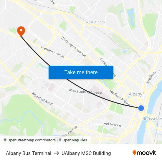 Albany Bus Terminal to UAlbany MSC Building map