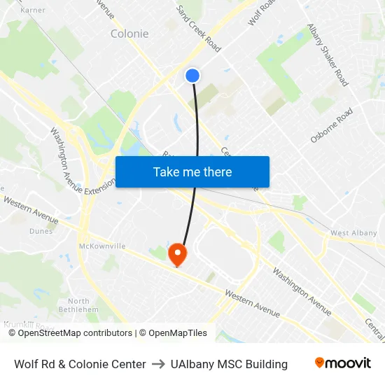 Wolf Rd & Colonie Center to UAlbany MSC Building map