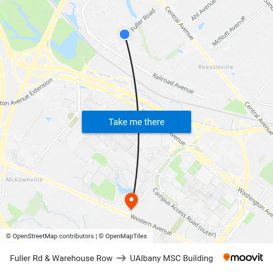 Fuller Rd & Warehouse Row to UAlbany MSC Building map