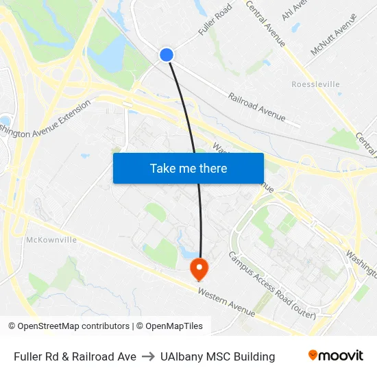 Fuller Rd & Railroad Ave to UAlbany MSC Building map
