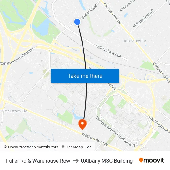 Fuller Rd & Warehouse Row to UAlbany MSC Building map