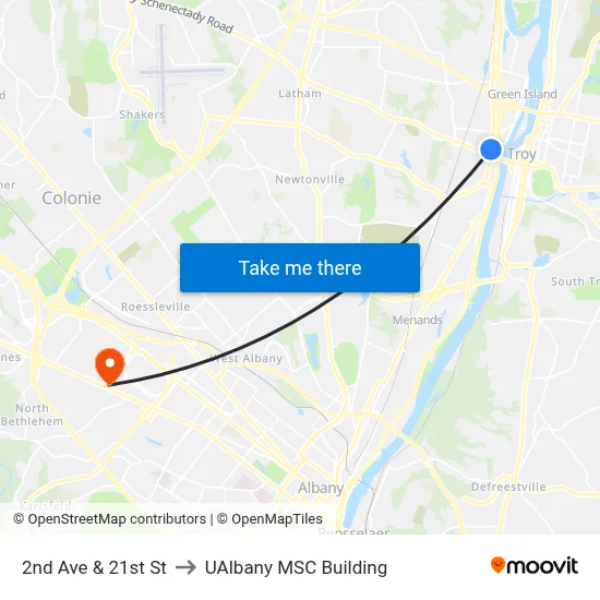 2nd Ave & 21st St to UAlbany MSC Building map