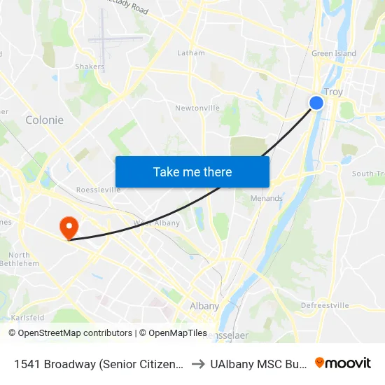 1541 Broadway (Senior Citizen Center) to UAlbany MSC Building map