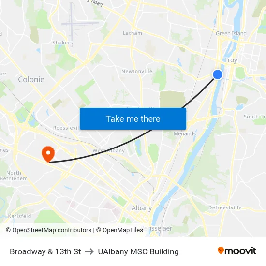 Broadway & 13th St to UAlbany MSC Building map