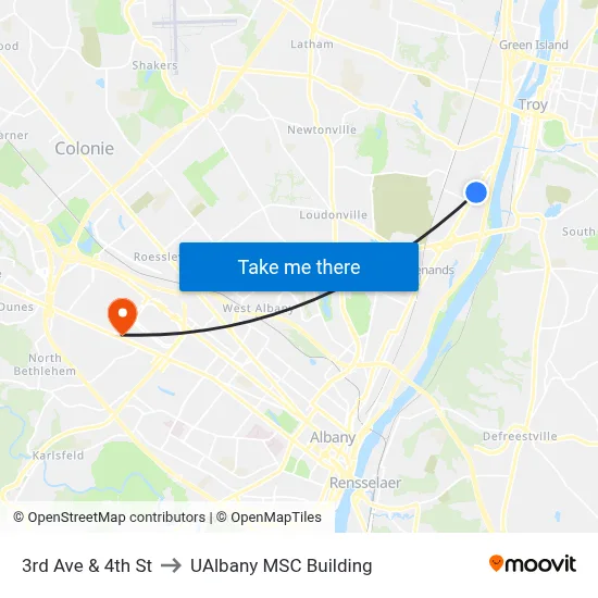 3rd Ave & 4th St to UAlbany MSC Building map