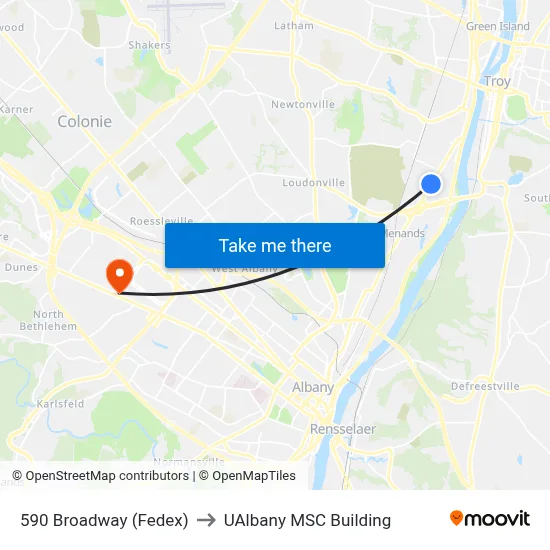 590 Broadway (Fedex) to UAlbany MSC Building map