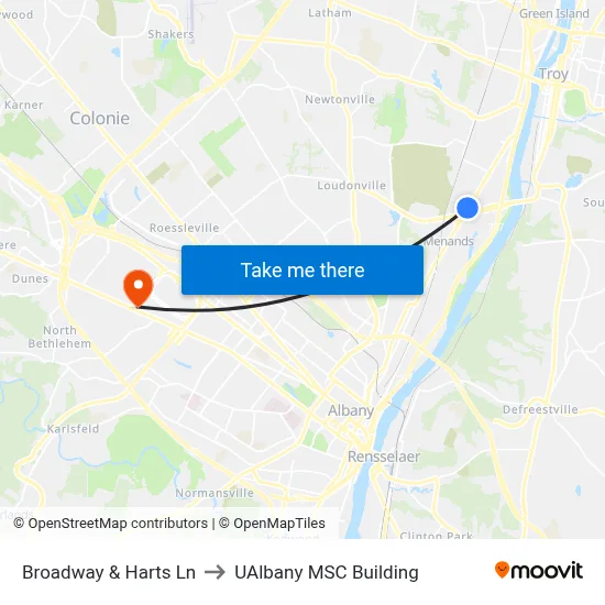 Broadway & Harts Ln to UAlbany MSC Building map