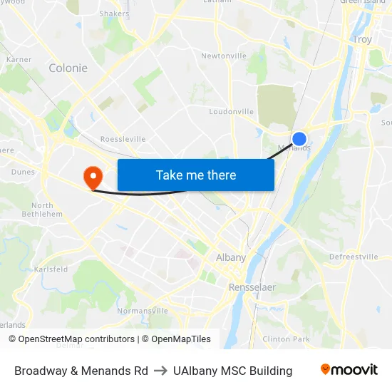 Broadway & Menands Rd to UAlbany MSC Building map