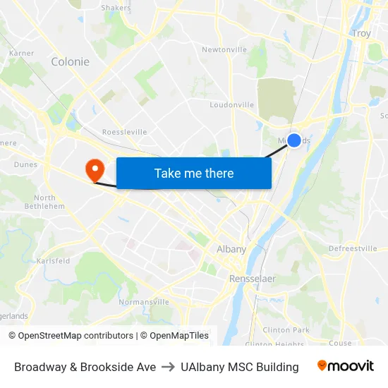 Broadway & Brookside Ave to UAlbany MSC Building map