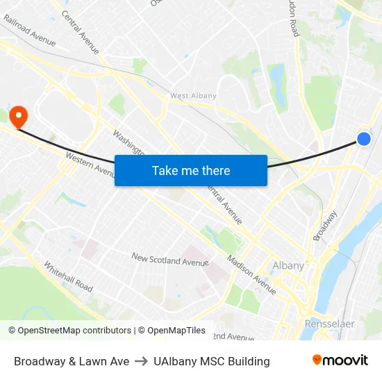 Broadway & Lawn Ave to UAlbany MSC Building map