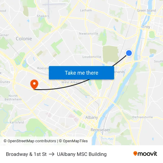 Broadway & 1st St to UAlbany MSC Building map