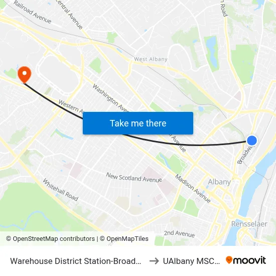Warehouse District Station-Broadway & Pleasant St to UAlbany MSC Building map