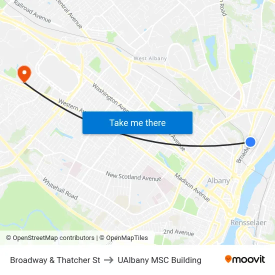 Broadway & Thatcher St to UAlbany MSC Building map
