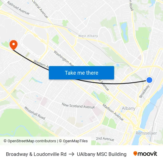Broadway & Loudonville Rd to UAlbany MSC Building map