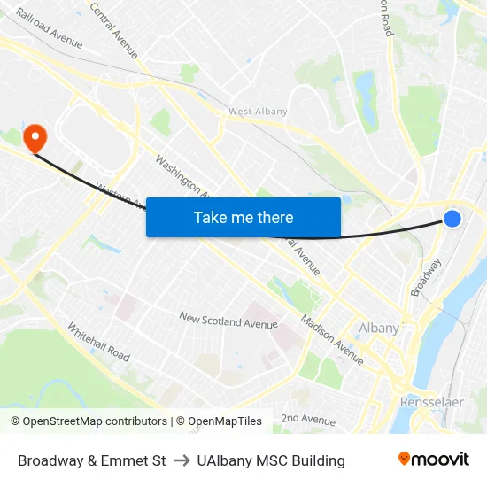 Broadway & Emmet St to UAlbany MSC Building map