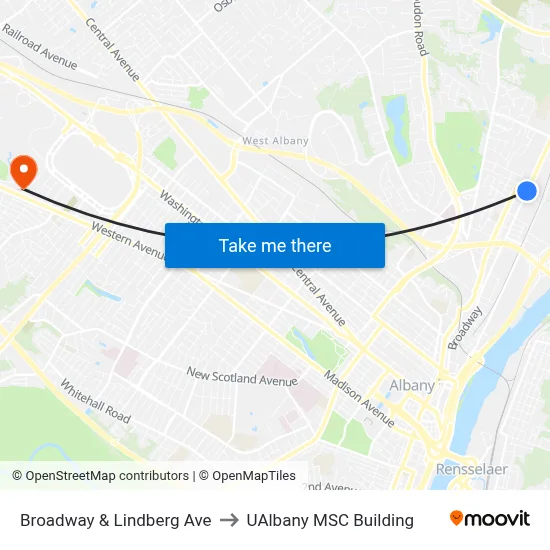 Broadway & Lindberg Ave to UAlbany MSC Building map