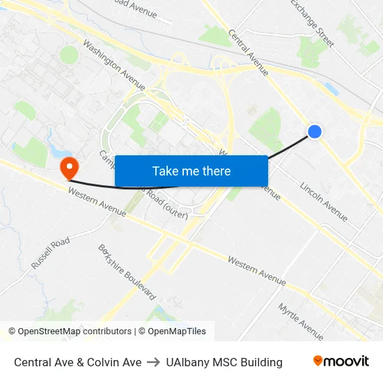 Central Ave & Colvin Ave to UAlbany MSC Building map