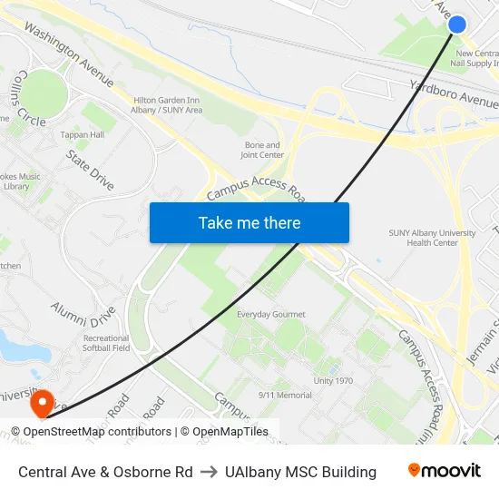 Central Ave & Osborne Rd to UAlbany MSC Building map