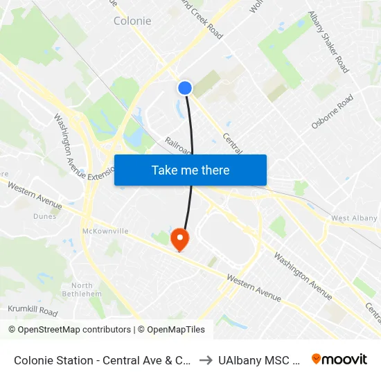 Colonie Station - Central Ave & Colonie Center to UAlbany MSC Building map