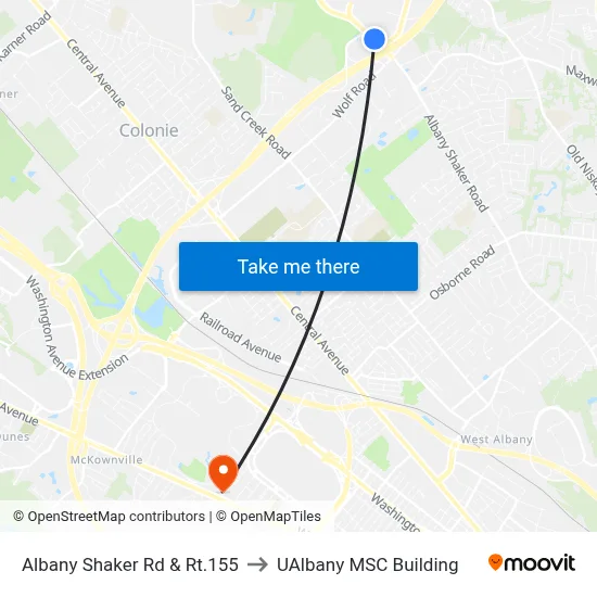 Albany Shaker Rd & Rt.155 to UAlbany MSC Building map