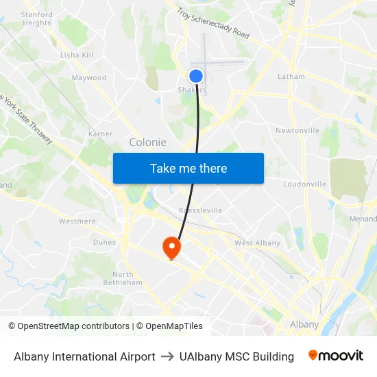 Albany International Airport to UAlbany MSC Building map