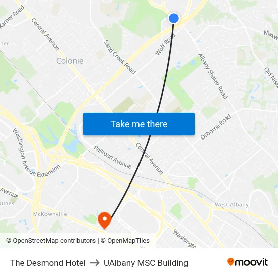 The Desmond Hotel to UAlbany MSC Building map