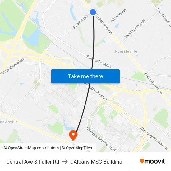 Central Ave & Fuller Rd to UAlbany MSC Building map