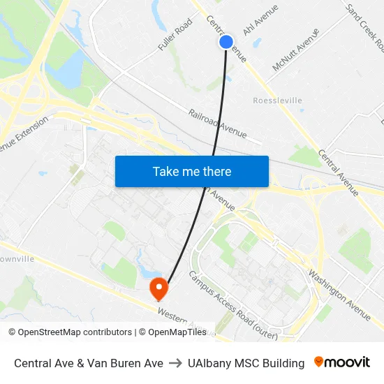 Central Ave & Van Buren Ave to UAlbany MSC Building map