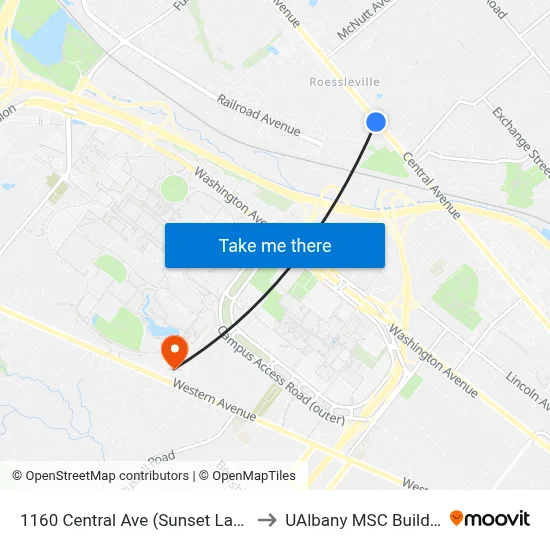 1160 Central Ave (Sunset Lanes) to UAlbany MSC Building map