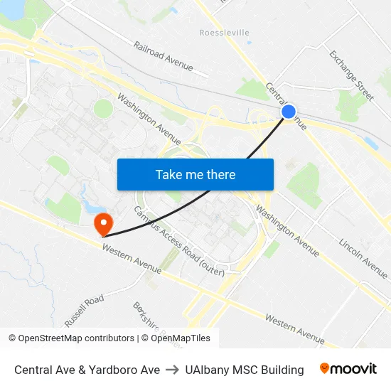Central Ave & Yardboro Ave to UAlbany MSC Building map