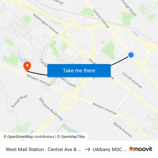 West Mall Station - Central Ave & Hannaford Plaza to UAlbany MSC Building map