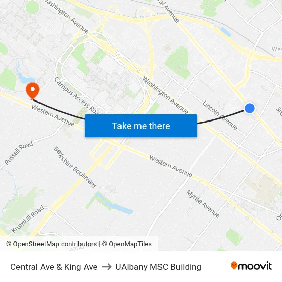Central Ave & King Ave to UAlbany MSC Building map