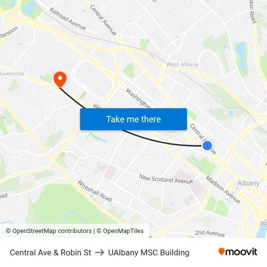 Central Ave & Robin St to UAlbany MSC Building map