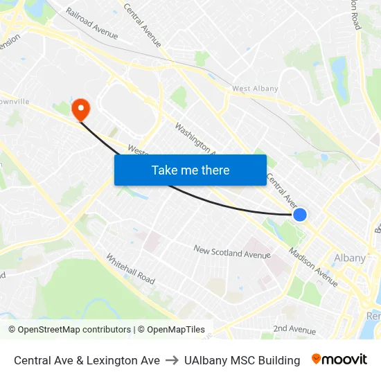 Central Ave & Lexington Ave to UAlbany MSC Building map