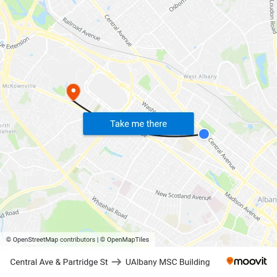 Central Ave & Partridge St to UAlbany MSC Building map