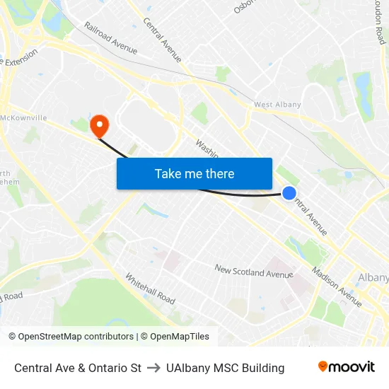Central Ave & Ontario St to UAlbany MSC Building map
