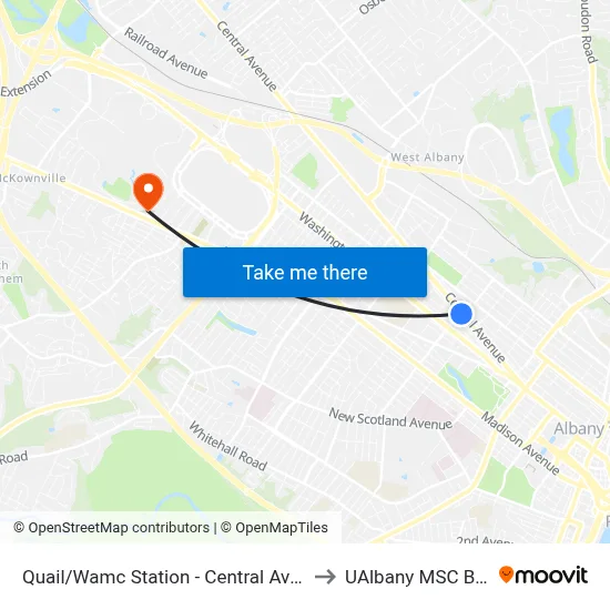 Quail/Wamc Station - Central Ave & Quail St to UAlbany MSC Building map