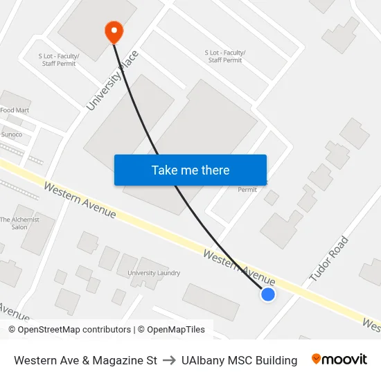 Western Ave & Magazine St to UAlbany MSC Building map