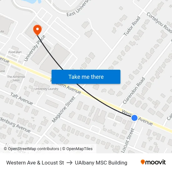 Western Ave & Locust St to UAlbany MSC Building map