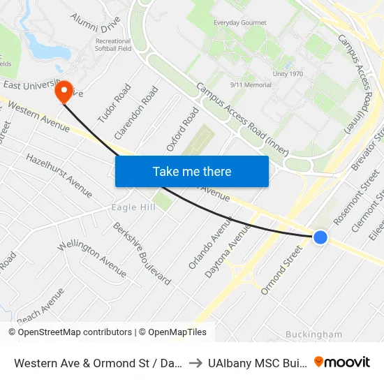 Western Ave & Ormond St / Davis Ave to UAlbany MSC Building map