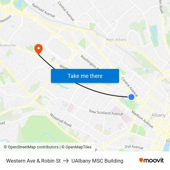 Western Ave & Robin St to UAlbany MSC Building map