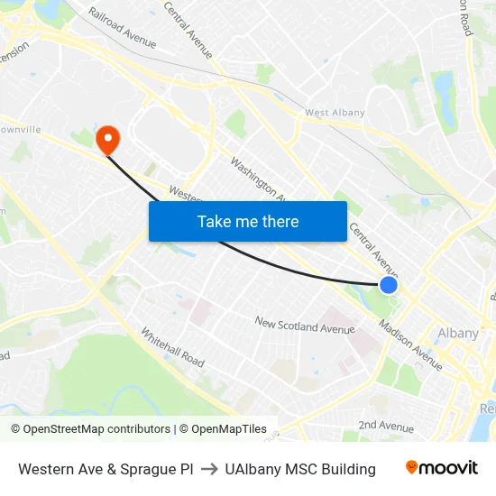 Western Ave & Sprague Pl to UAlbany MSC Building map