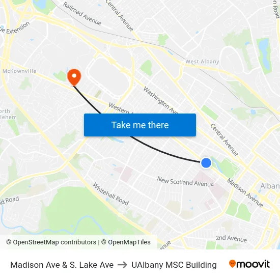 Madison Ave & S. Lake Ave to UAlbany MSC Building map