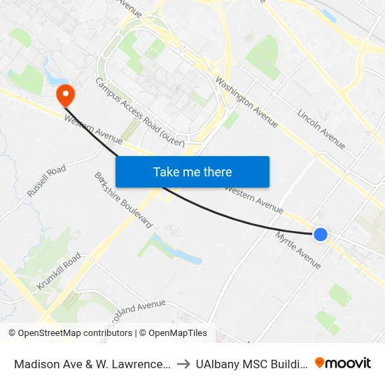 Madison Ave & W. Lawrence St to UAlbany MSC Building map