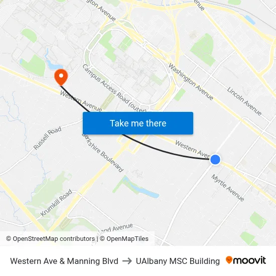 Western Ave & Manning Blvd to UAlbany MSC Building map