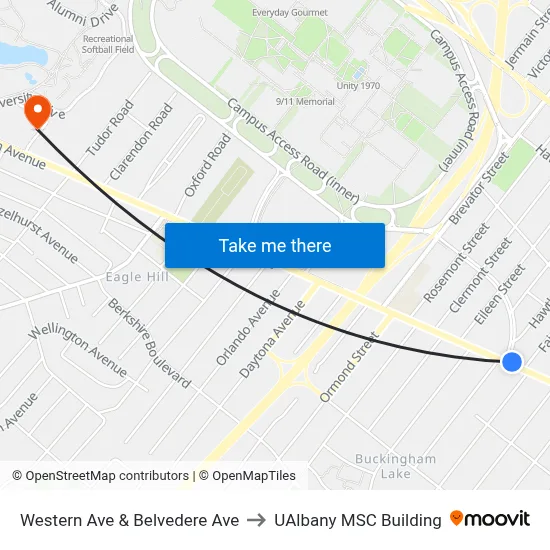 Western Ave & Belvedere  Ave to UAlbany MSC Building map